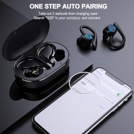 Wireless Headphones Wireless Earbuds 120hrs Playback Ear Buds Stereo Bass Over-Ear Earphones with Earhooks Microphone for Sports/Workout/Gym/Running, Black