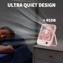 Portable Mini Desktop Fan with LED Night Light, 5-Speed Digital Display, Quiet Operation, USB Rechargeable, Long Battery Life for Home, Office, Travel, and Camping