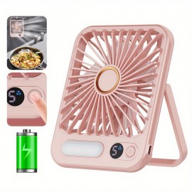 Portable Mini Desktop Fan with LED Night Light, 5-Speed Digital Display, Quiet Operation, USB Rechargeable, Long Battery Life for Home, Office, Travel, and Camping