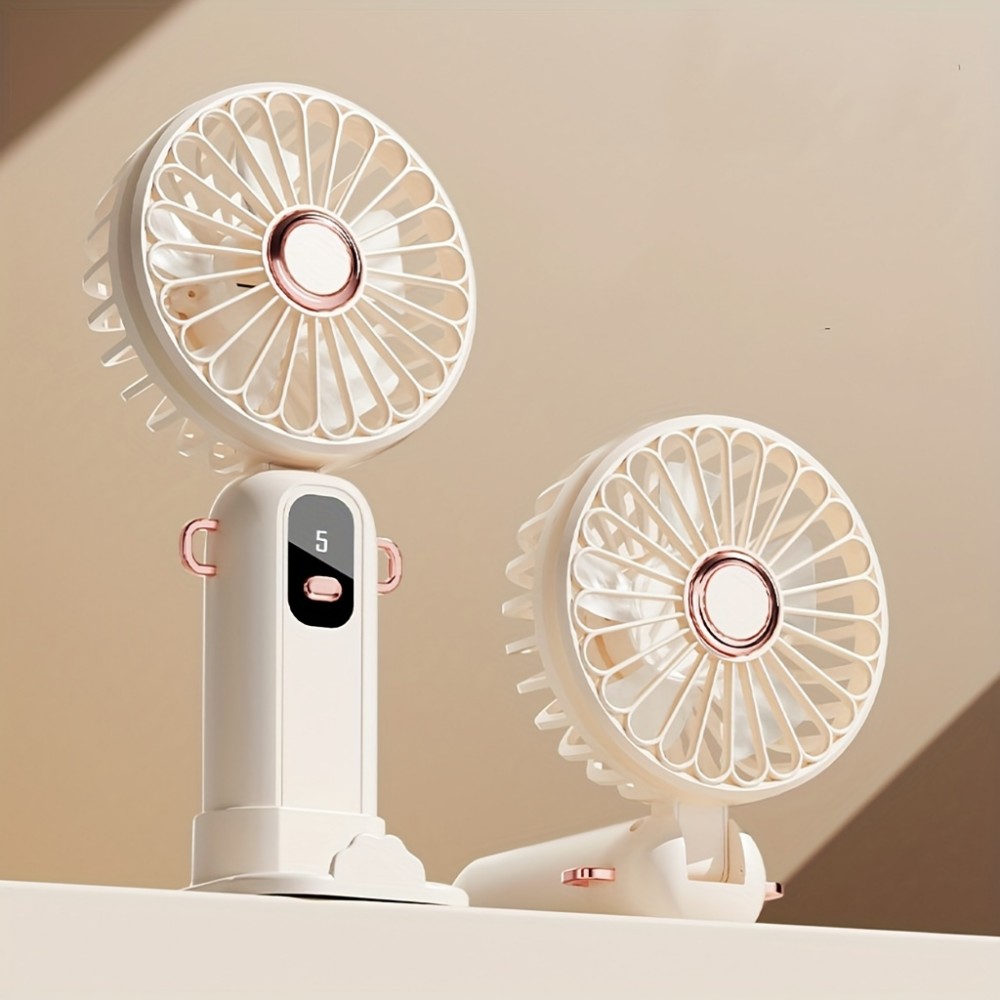 Portable Handheld Fan, Battery Powered Fan With Base, Digital Display, 5-speed, 90 Degree Adjustable, Rechargeable Mini Fan, Suitable For Indoor And Outdoor Use.