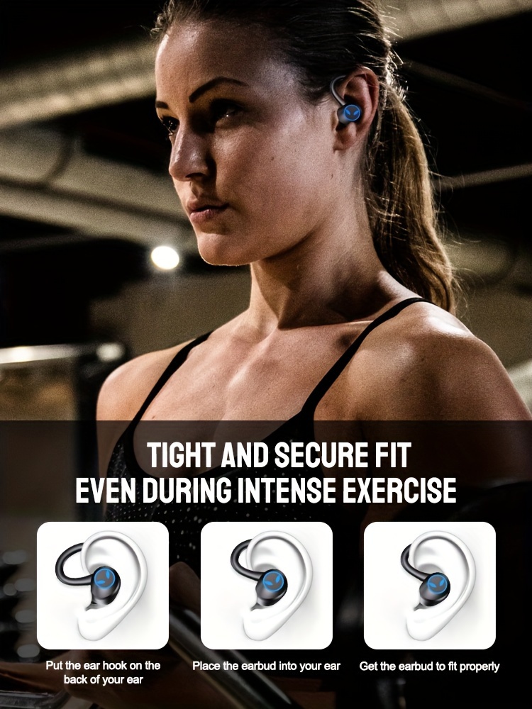 wireless headphones wireless earbuds 120hrs playback ear buds stereo bass over ear earphones with earhooks microphone for sports workout gym running black details 2