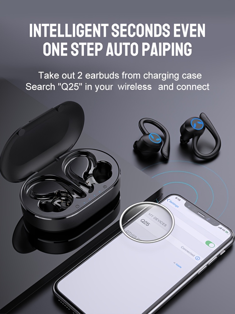 wireless headphones wireless earbuds 120hrs playback ear buds stereo bass over ear earphones with earhooks microphone for sports workout gym running black details 3