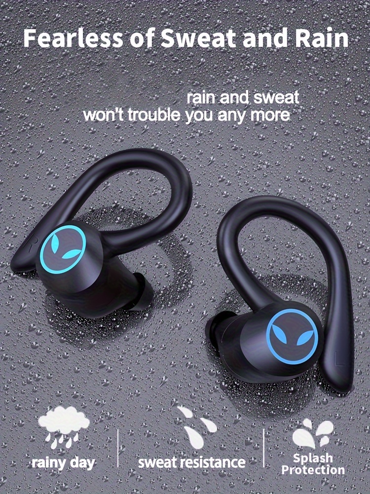 wireless headphones wireless earbuds 120hrs playback ear buds stereo bass over ear earphones with earhooks microphone for sports workout gym running black details 5