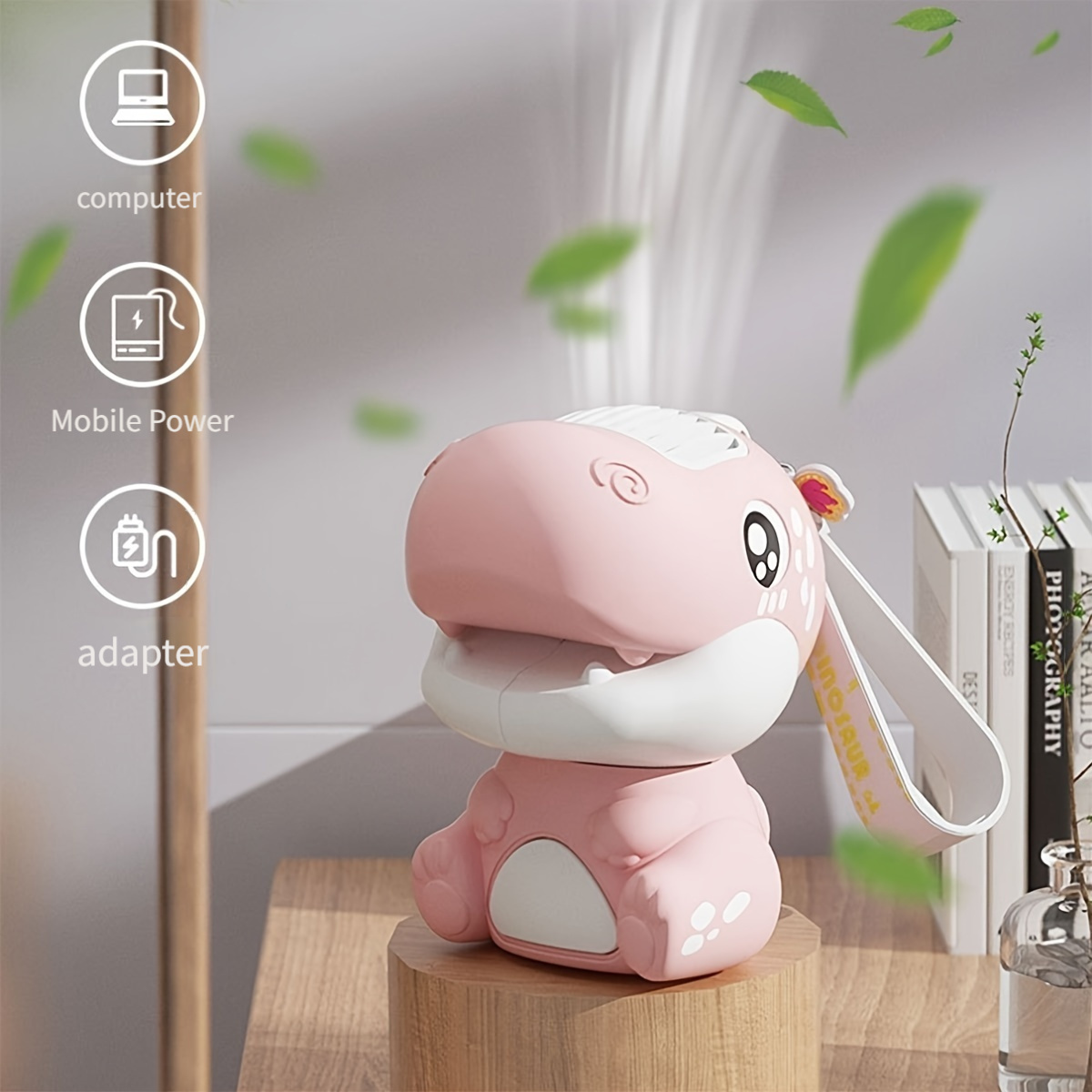 1 pc pink dinosaur fan cartoon neck hanging handheld bladeless fan small portable usb charging small fan summer office and class essential bladeless powerful rechargeable silent fan details 0