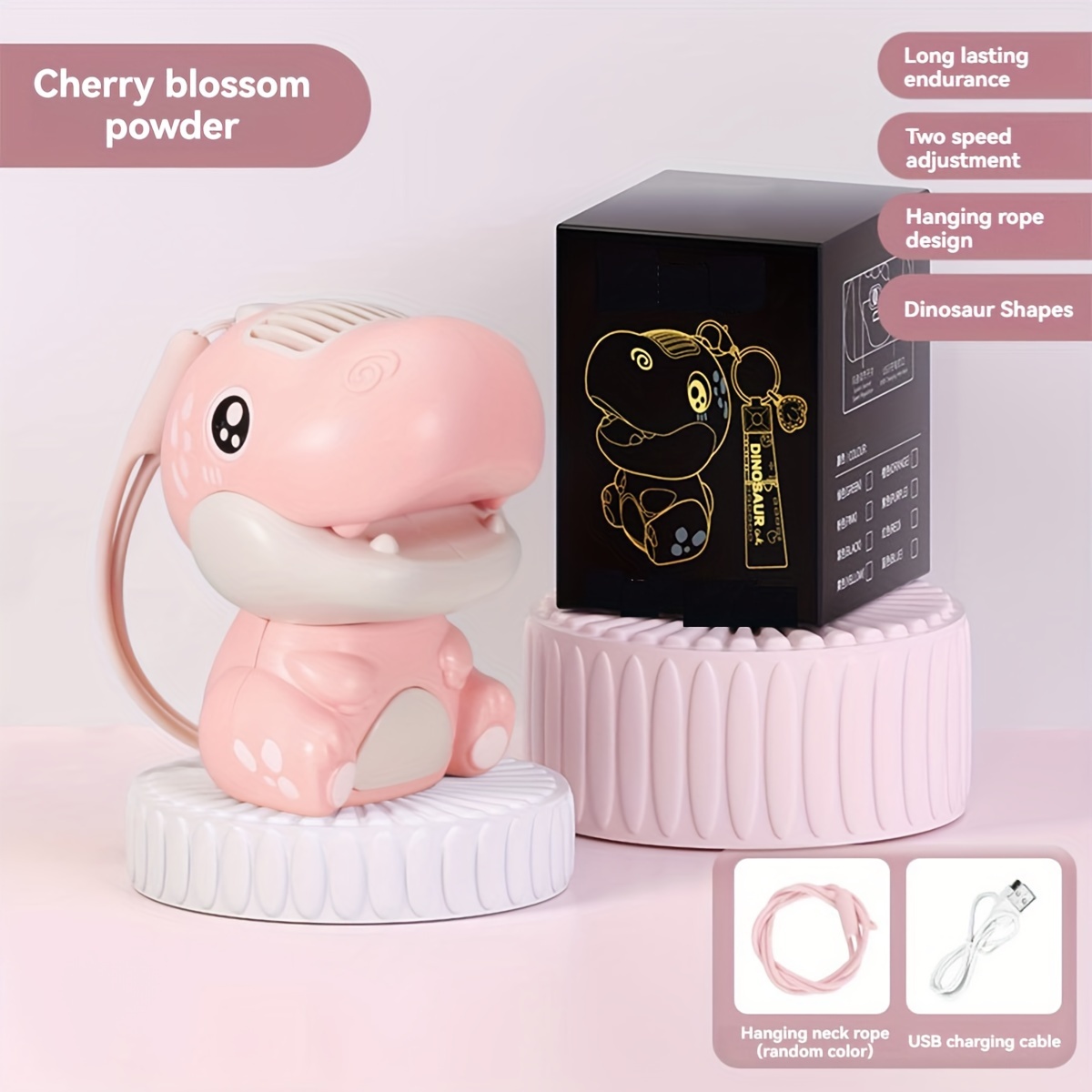 1 pc pink dinosaur fan cartoon neck hanging handheld bladeless fan small portable usb charging small fan summer office and class essential bladeless powerful rechargeable silent fan details 2