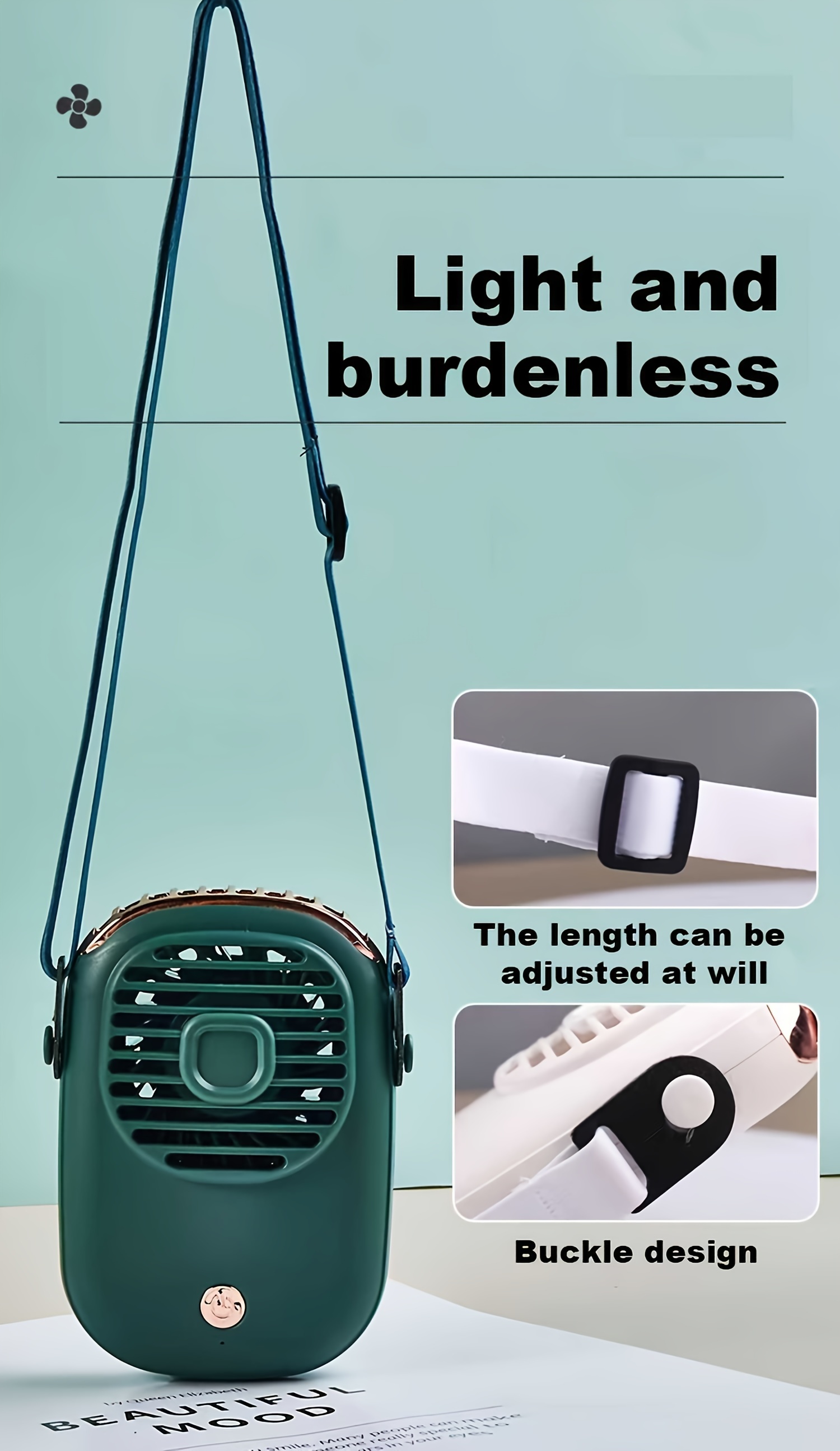 a portable silent handheld fan with a neck strap suitable for outdoor use it can be charged via usb the fan has no blades and comes in green white and pink colors it is a mini handheld fan details 11