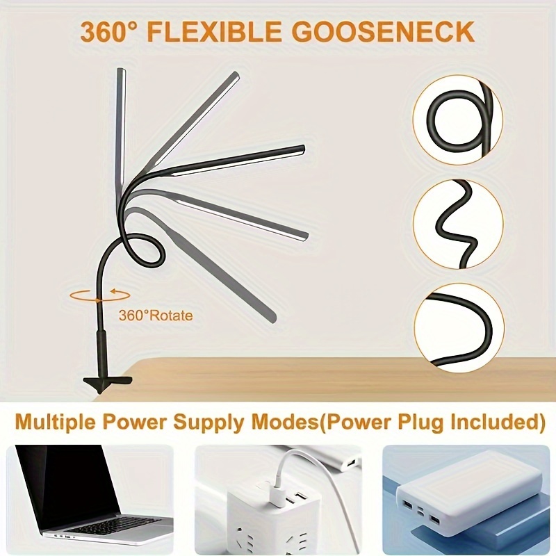 1pc led desk lamp with clamp and flexible gooseneck eye care   for home   adjustable usb powered with power plug included details 1