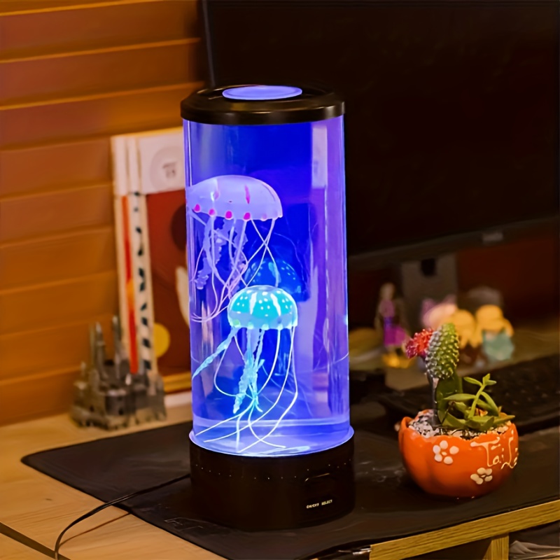 1pc jellyfish lava lamp fascinating color changing lights create a beautiful tranquil peaceful soothing deep sea ambiance which could help     anxiety   light consists of two artificially jellyfish and 8 luminous stones details 3