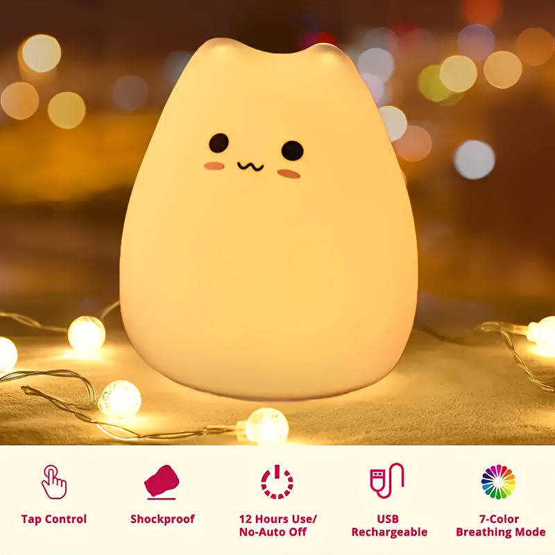 cute cat led night light color changing tap control battery powered portable squishy silicone lamp for desk decor touch switch polished finish non waterproof pvc body ideal for christmas new year halloween batteries not included details 1