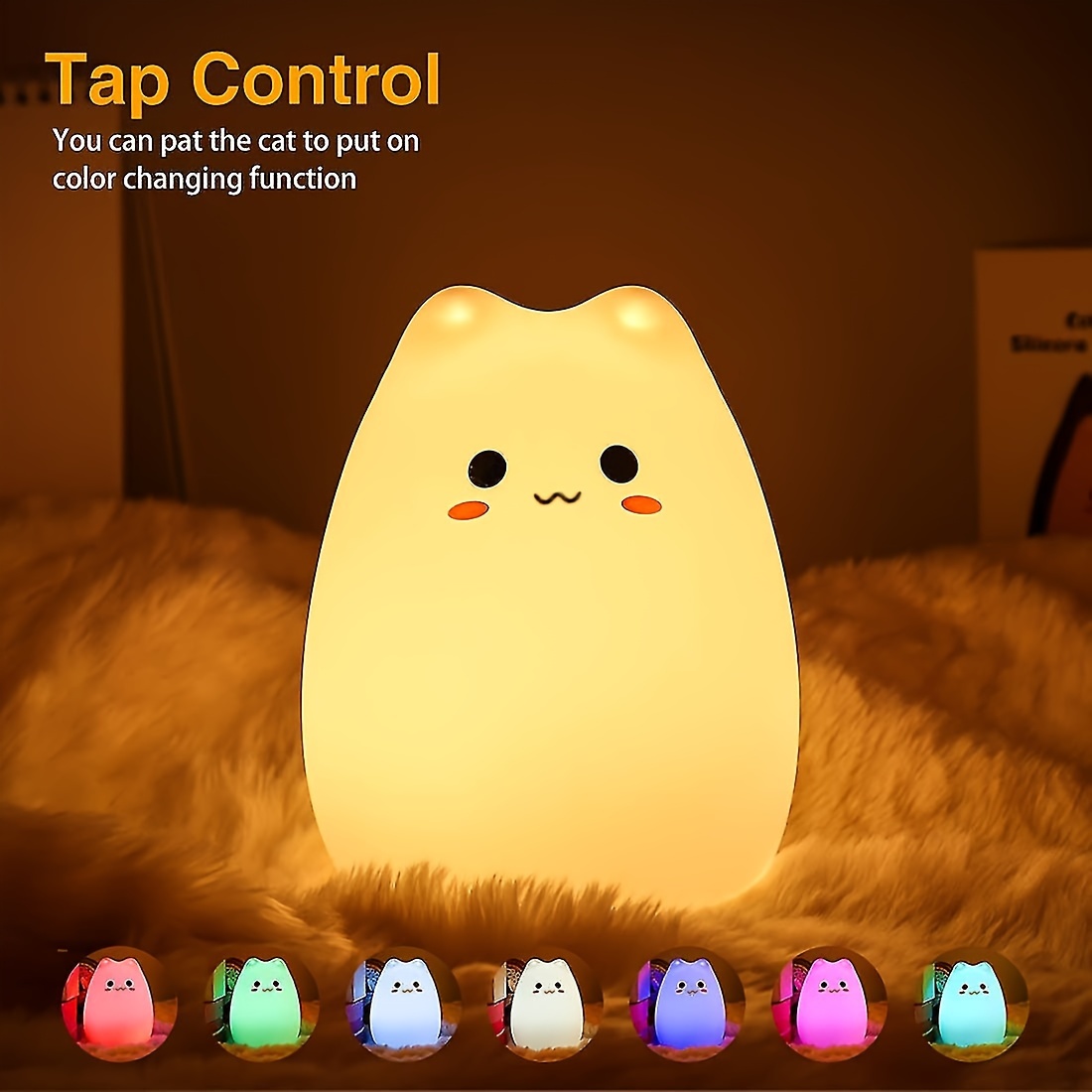 cute cat led night light color changing tap control battery powered portable squishy silicone lamp for desk decor touch switch polished finish non waterproof pvc body ideal for christmas new year halloween batteries not included details 9