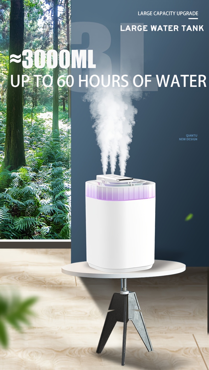 3l large capacity ultrasonic humidifier for home bedroom silent operation triple mist outlets usb powered with nightlight open lid water refill push button control suitable for 21 30 area humidification below 300ml h details 8